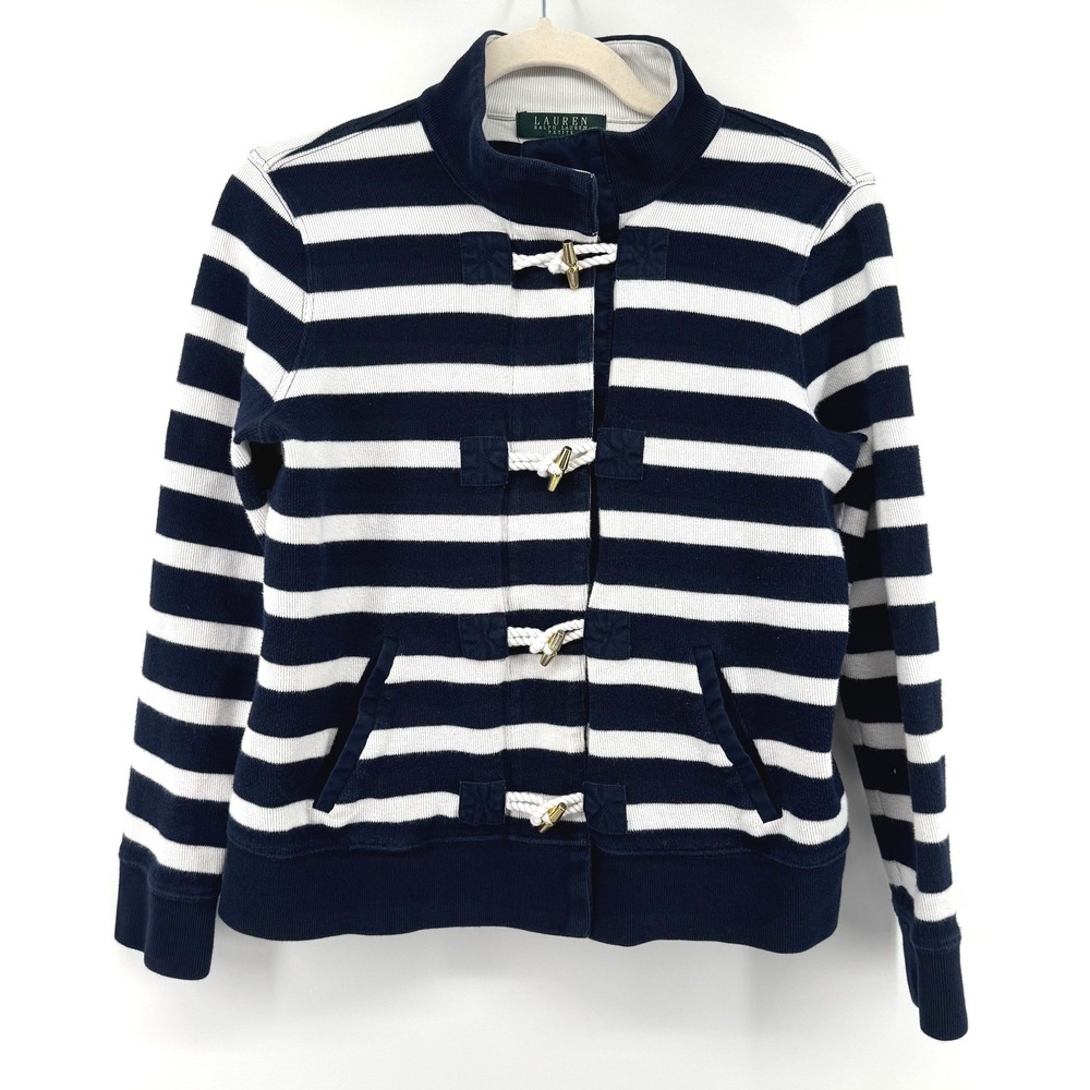 Lauren Ralph Lauren Toggle Cardigan Women PM Blue White Striped Nautical Preppy